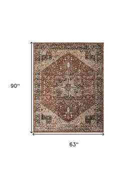 5' X 8' Red Ivory And Black Abstract Distressed Area Rug With Fringe