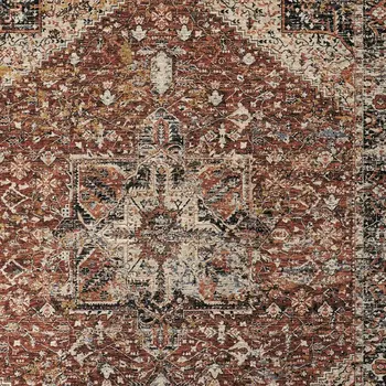 5' X 8' Red Ivory And Black Abstract Distressed Area Rug With Fringe