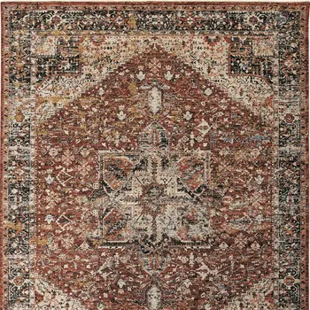 5' X 8' Red Ivory And Black Abstract Distressed Area Rug With Fringe