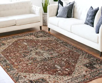 5' X 8' Red Ivory And Black Abstract Distressed Area Rug With Fringe