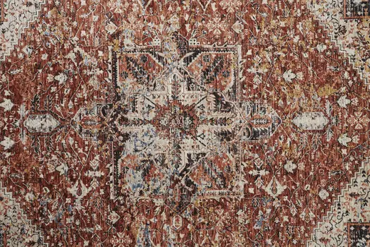 7' X 10' Red and Ivory Abstract Distressed Area Rug With Fringe