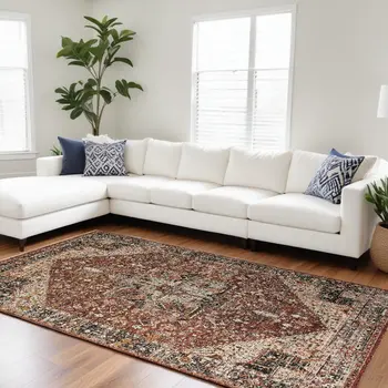 8' X 10' Red Ivory And Black Abstract Distressed Area Rug With Fringe