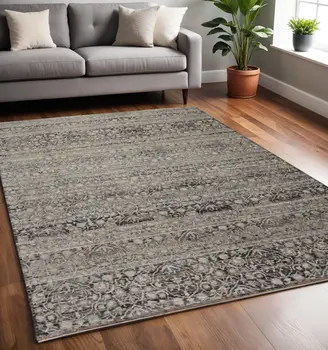 5' X 8' Gray And Ivory Oriental Distressed Area Rug With Fringe