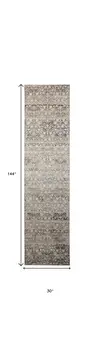 12' Gray and Ivory Oriental Power Loom Distressed Runner Rug With Fringe