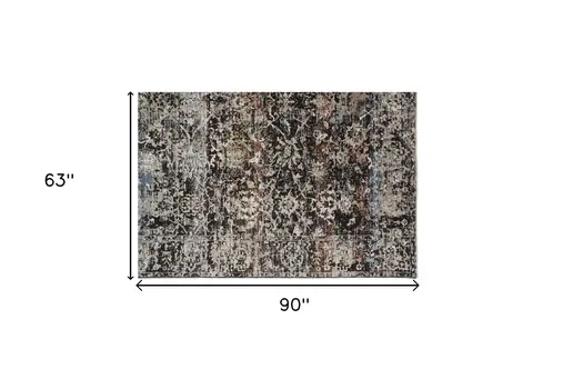 5' X 8' Gray and Black Abstract Distressed Area Rug With Fringe
