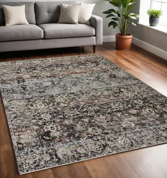 5' X 8' Gray and Black Abstract Distressed Area Rug With Fringe