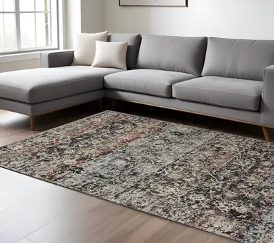 7' X 10' Gray and Black Abstract Distressed Area Rug With Fringe