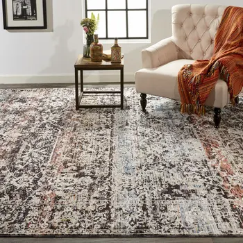 7' X 10' Gray and Black Abstract Distressed Area Rug With Fringe