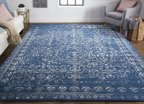 10' X 14' Blue And Silver Wool Floral Tufted Handmade Distressed Area Rug