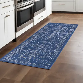 8' Blue and Silver Wool Floral Hand Tufted Distressed Runner Rug