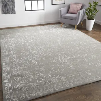 10' X 14' Gray Taupe And Silver Wool Floral Tufted Handmade Distressed Area Rug