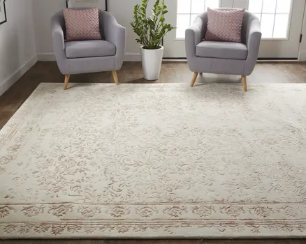8' X 10' Ivory Tan And Pink Wool Floral Tufted Handmade Distressed Area Rug