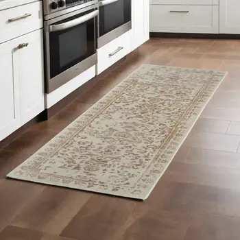 8' Pink and Ivory Wool Floral Hand Tufted Distressed Runner Rug
