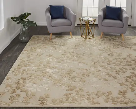 5' X 8' Ivory Tan And Gold Wool Floral Tufted Handmade Area Rug