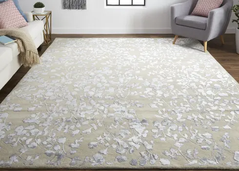 8' X 10' Tan Silver And Gray Wool Floral Tufted Handmade Area Rug