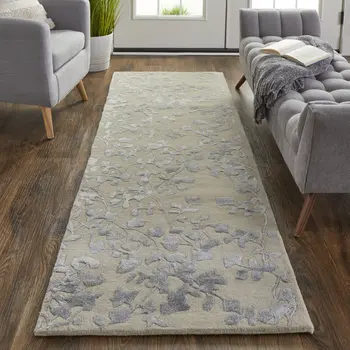 8' Tan and Gray Wool Floral Hand Tufted Runner Rug