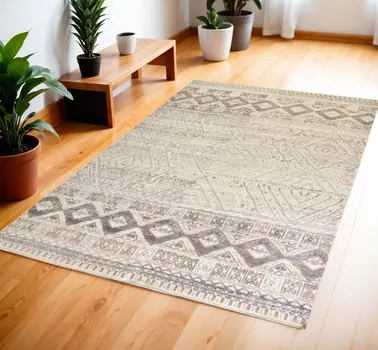 4' X 6' Gray Ivory And Pink Geometric Hand Knotted Area Rug