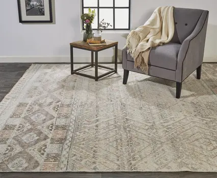 9' X 12' Gray Ivory And Pink Geometric Hand Knotted Area Rug