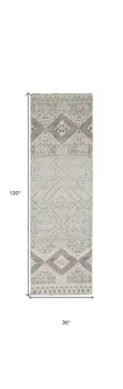 10' Gray and Ivory Geometric Hand Knotted Runner Rug With Fringe