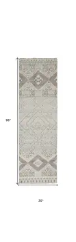 8' Gray Ivory And Pink Geometric Hand Knotted Runner Rug
