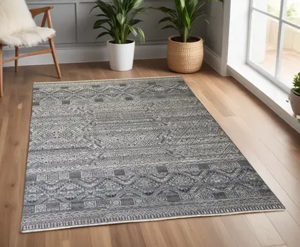 4' X 6' Gray and Ivory Geometric Hand Knotted Area Rug
