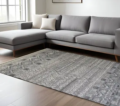 10' X 13' Gray and Ivory Geometric Hand Knotted Area Rug