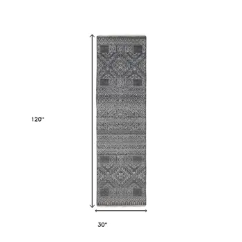 10' Gray And Ivory Geometric Hand Knotted Runner Rug With Fringe