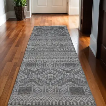 10' Gray And Ivory Geometric Hand Knotted Runner Rug With Fringe