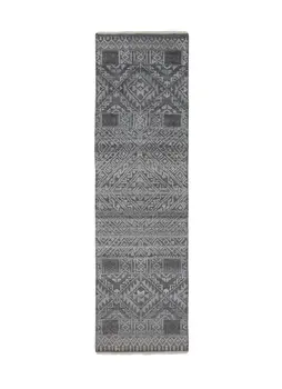 10' Gray And Ivory Geometric Hand Knotted Runner Rug With Fringe