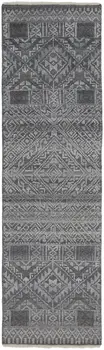 8' Gray Ivory and Blue Geometric Hand Knotted Runner Rug With Fringe