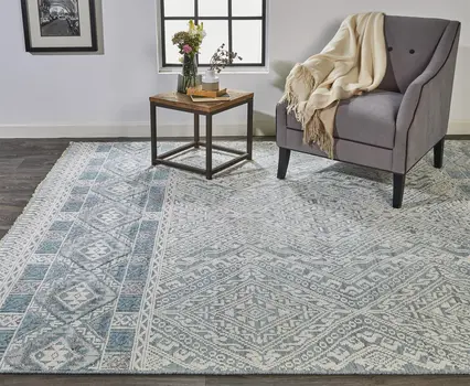 4' X 6' Ivory and Blue Geometric Hand Knotted Area Rug