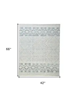 4' X 6' Ivory and Blue Geometric Hand Knotted Area Rug