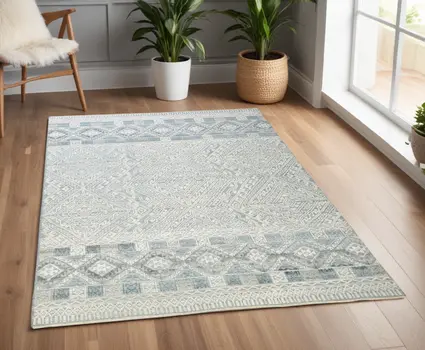 4' X 6' Ivory and Blue Geometric Hand Knotted Area Rug