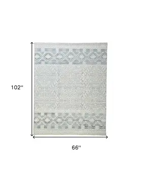 5' X 8' Ivory and Blue Geometric Hand Knotted Area Rug