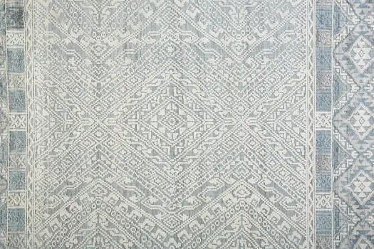 8' X 10' Ivory Blue And Gray Geometric Hand Knotted Area Rug