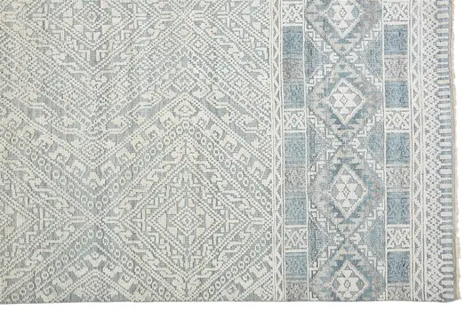 8' X 10' Ivory Blue And Gray Geometric Hand Knotted Area Rug