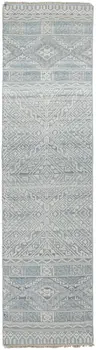 10' Ivory and Blue Geometric Hand Knotted Runner Rug With Fringe