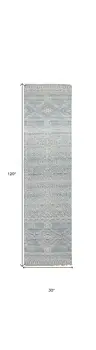 10' Ivory and Blue Geometric Hand Knotted Runner Rug With Fringe