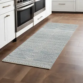 10' Ivory and Blue Geometric Hand Knotted Runner Rug With Fringe