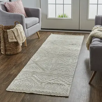 10' Gray and Ivory Geometric Hand Knotted Runner Rug With Fringe
