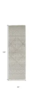 10' Gray and Ivory Geometric Hand Knotted Runner Rug With Fringe