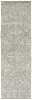 8' Ivory Tan And Gray Geometric Hand Knotted Runner Rug