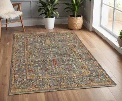 4' X 6' Gray and Ivory Wool Floral Hand Knotted Area Rug With Fringe