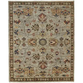 9' X 12' Gray Gold And Red Wool Floral Hand Knotted Stain Resistant Area Rug With Fringe