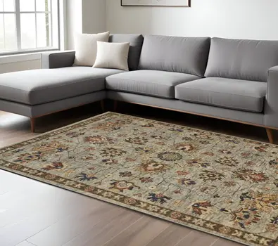 9' X 12' Gray Gold And Red Wool Floral Hand Knotted Stain Resistant Area Rug With Fringe