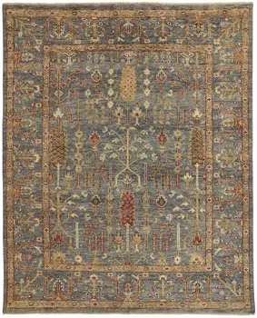 10' X 13' Gray Gold And Red Wool Floral Hand Knotted Stain Resistant Area Rug With Fringe