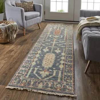 8' Gray and Ivory Wool Floral Hand Knotted Runner Rug With Fringe