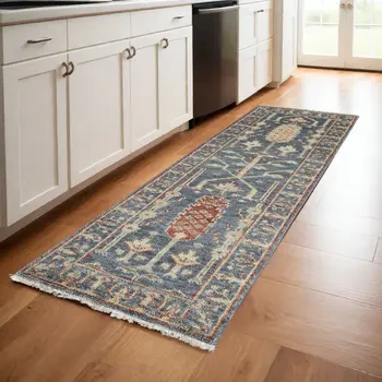 8' Gray and Ivory Wool Floral Hand Knotted Runner Rug With Fringe