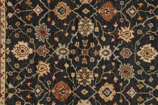 9' X 12' Black Gold And Gray Wool Floral Hand Knotted Stain Resistant Area Rug With Fringe