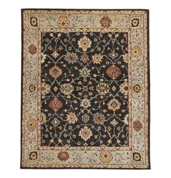9' X 12' Black Gold And Gray Wool Floral Hand Knotted Stain Resistant Area Rug With Fringe